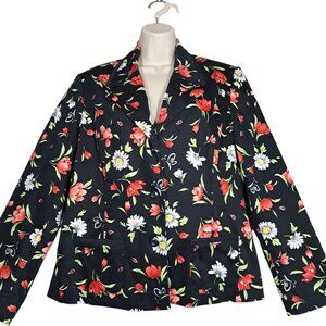 Alfred Dunner Womens Floral Blazer Jacket Black Cotton Lined Sz 14 Large Casual